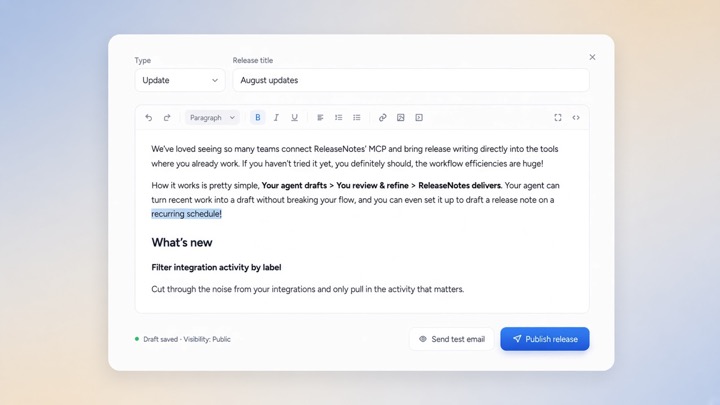 ReleaseNotes editor showing a product update ready for review